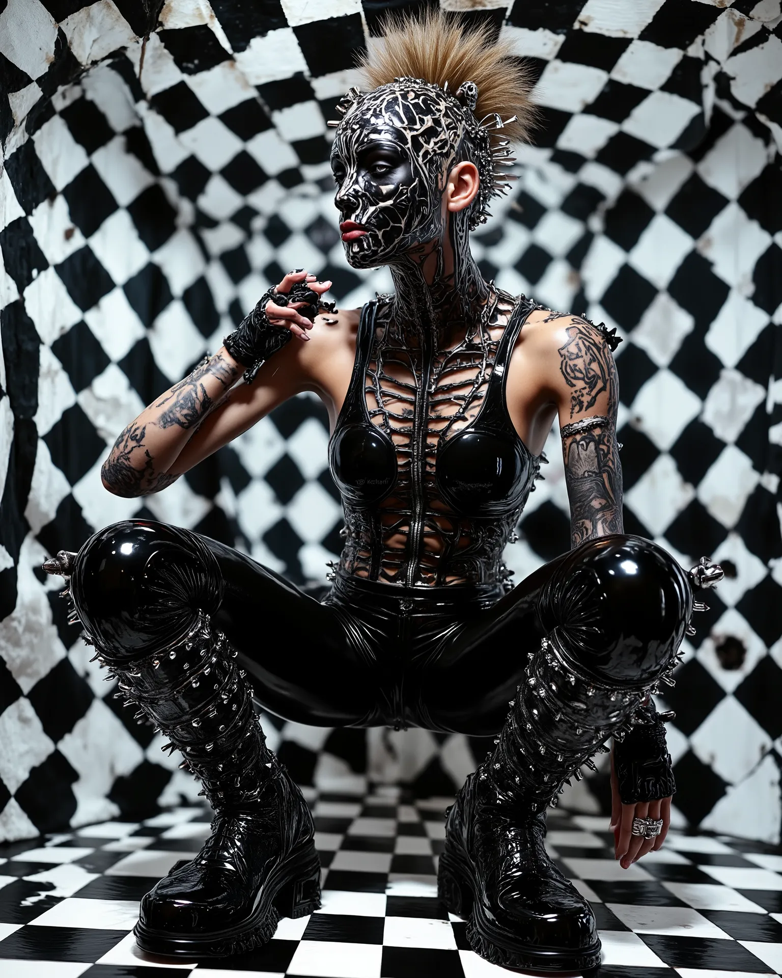 In an environment such as a checkerboard A surreal work that represents a Nordic woman fashion model. The beautiful punk metal woman wears black leather clothing and spikes with huge platform boots that combine intricate details with abstract and geometri...