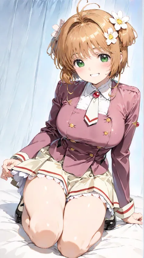 (masterpiece, top quality:1.5), 1girl, solo,  Kinomoto Sakura(Cardcaptor Sakura)、20yo, portrait, dark pink clothes, purple jacket, Smiling, short hair, Full Body, Slightly Super Big Breasts, Flower Hair Accessory, kyun kyun, It's absolutely fine, 