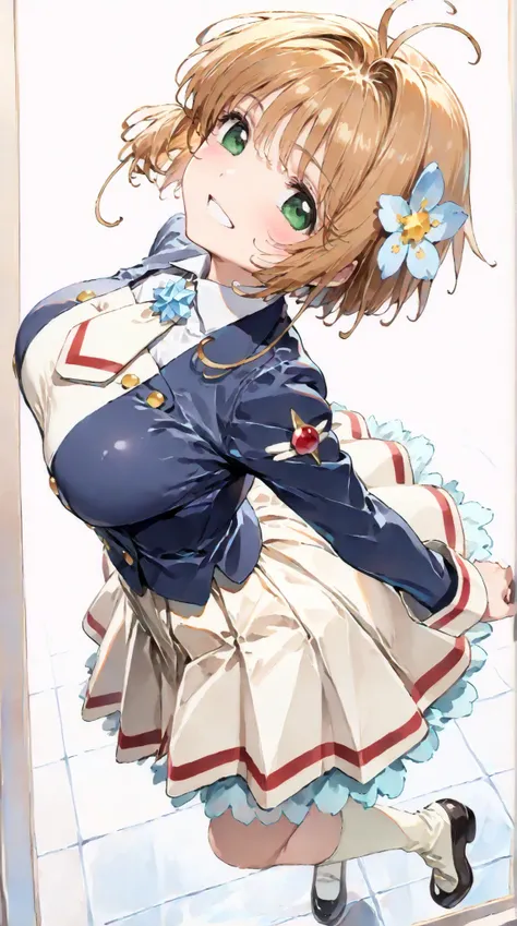 (masterpiece, top quality:1.5), 1girl, solo,  Kinomoto Sakura(Cardcaptor Sakura)、20yo, portrait, Light blue clothes, dark blue jacket, Smiling, short hair, Full Body, Slightly Super Big Breasts, Flower Hair Accessory, kyun kyun, It's absolutely fine, 