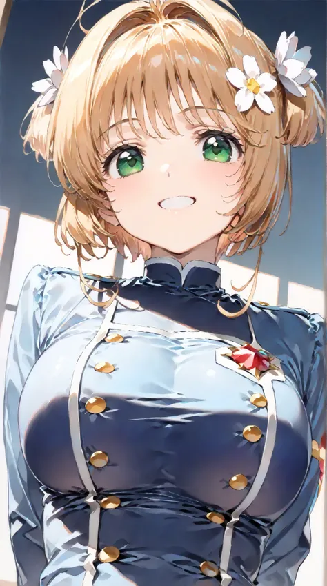 (masterpiece, top quality:1.5), 1girl, solo,  Kinomoto Sakura(Cardcaptor Sakura)、20yo, portrait, Light blue clothes, dark blue jacket, Smiling, short hair, Full Body, Slightly Super Big Breasts, Flower Hair Accessory, kyun kyun, It's absolutely fine, 