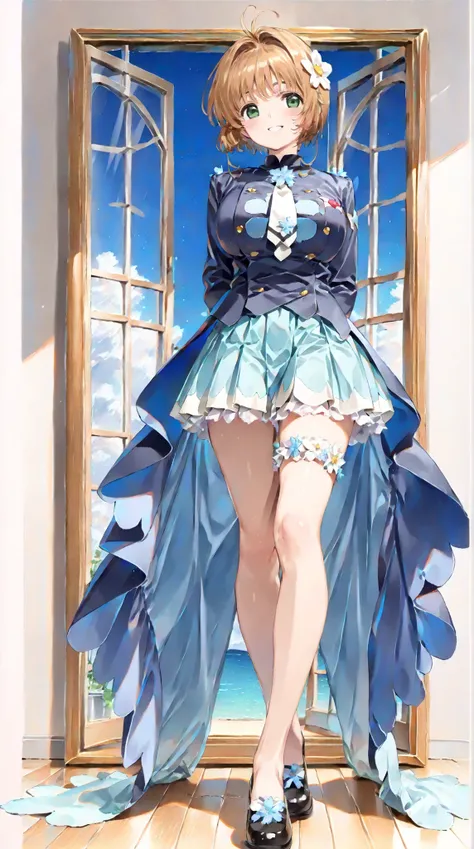 (masterpiece, top quality:1.5), 1girl, solo,  Kinomoto Sakura(Cardcaptor Sakura)、20yo, portrait, Light blue clothes, dark blue jacket, Smiling, short hair, Full Body, Slightly Super Big Breasts, Flower Hair Accessory, kyun kyun, It's absolutely fine, 