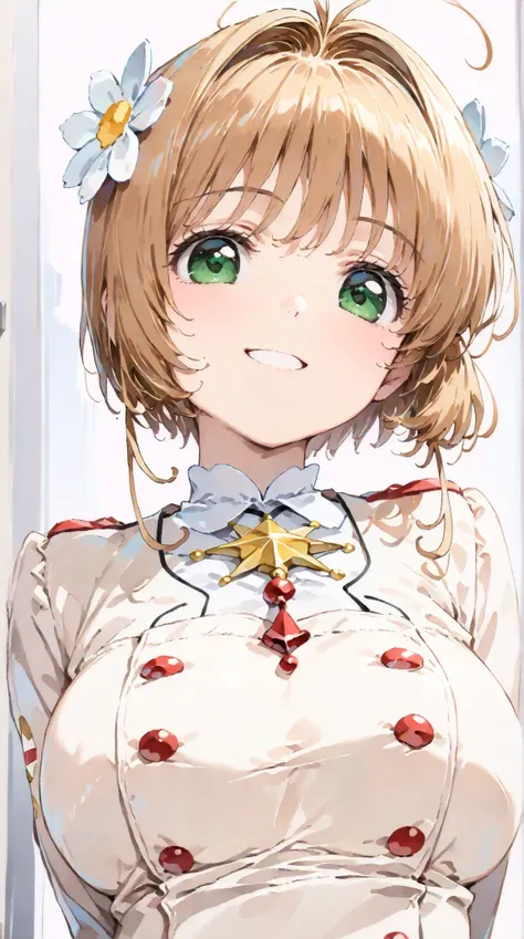 (masterpiece, top quality:1.5), 1girl, solo,  Kinomoto Sakura(Cardcaptor Sakura)、20yo, portrait, white clothes, Vermilion Jacket , Smiling, short hair, Full Body, Slightly Super Big Breasts, Flower Hair Accessory, kyun kyun, It's absolutely fine, 