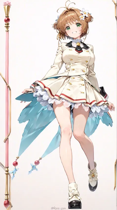(masterpiece, top quality:1.5), 1girl, solo,  Kinomoto Sakura(Cardcaptor Sakura)、20yo, portrait, white clothes, Vermilion Jacket , Smiling, short hair, Full Body, Slightly Super Big Breasts, Flower Hair Accessory, kyun kyun, It's absolutely fine, 