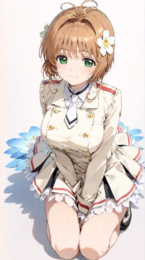 (masterpiece, top quality:1.5), 1girl, solo,  Kinomoto Sakura(Cardcaptor Sakura)、20yo, portrait, white clothes, Vermilion Jacket , Smiling, short hair, Full Body, Slightly Super Big Breasts, Flower Hair Accessory, kyun kyun, It's absolutely fine, 