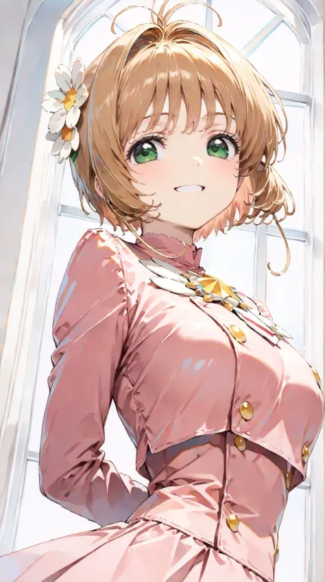 (masterpiece, top quality:1.5), 1girl, solo,  Kinomoto Sakura(Cardcaptor Sakura)、20yo, portrait, pink clothes, Dark Pink Jacket, Smiling, short hair, Full Body, Slightly Super Big Breasts, Flower Hair Accessory, kyun kyun, It's absolutely fine, 