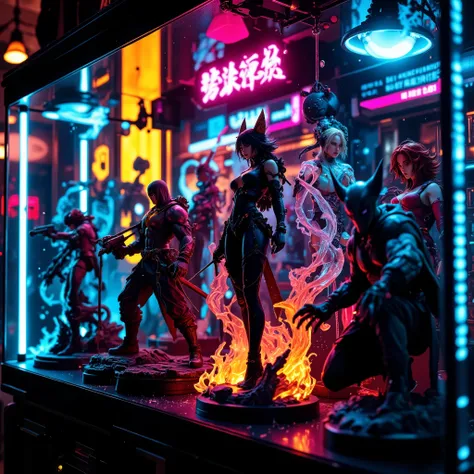 sharpness, extremely visible, poster style, Ultra-detailed anime figure collection, full of dynamic action statues in battle poses, glowing RGB lights reflecting on transparent display case, cyberpunk neon ambiance, intricate sci-fi and fantasy designs, ci...