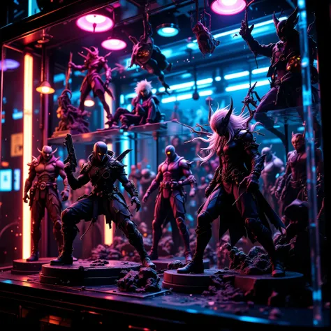 sharpness, extremely visible, poster style, Ultra-detailed anime figure collection, full of dynamic action statues in battle poses, glowing RGB lights reflecting on transparent display case, cyberpunk neon ambiance, intricate sci-fi and fantasy designs, ci...