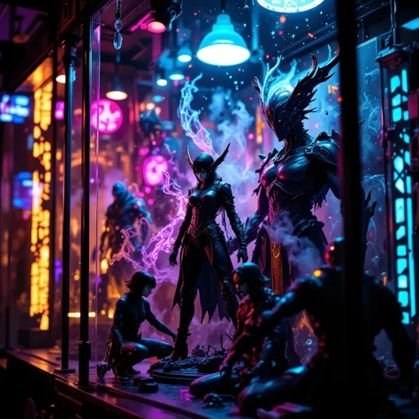 sharpness, extremely visible, poster style, Ultra-detailed anime figure collection, full of dynamic action statues in battle poses, glowing RGB lights reflecting on transparent display case, cyberpunk neon ambiance, intricate sci-fi and fantasy designs, ci...