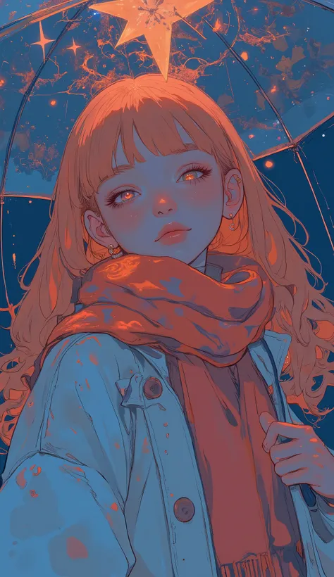 Aerial view composition、Aerial photography、A young woman with bright orange hair on a rainy night、stands under a transparent umbrella. Her face is gently illuminated by a shining star hanging inside an umbrella, casting a warm, A fantastic light shines on ...