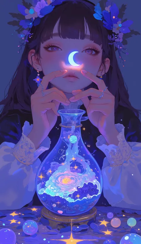 In a whimsical and enchanting scene, delicate hands emerge from the darkness, gracefully holding a small crescent moon. The fingers are adorned with a subtle ring, adding an element of elegance to the mysterious figure whose face is hidden from view. The s...