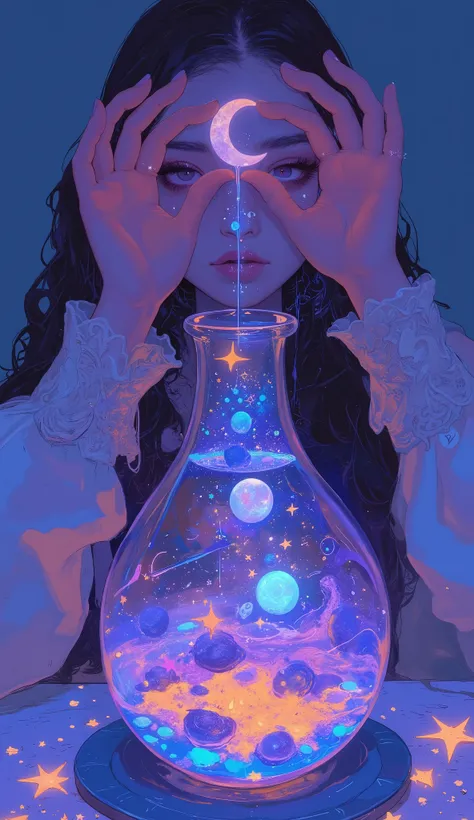 In a whimsical and enchanting scene, delicate hands emerge from the darkness, gracefully holding a small crescent moon. The fingers are adorned with a subtle ring, adding an element of elegance to the mysterious figure whose face is hidden from view. The s...