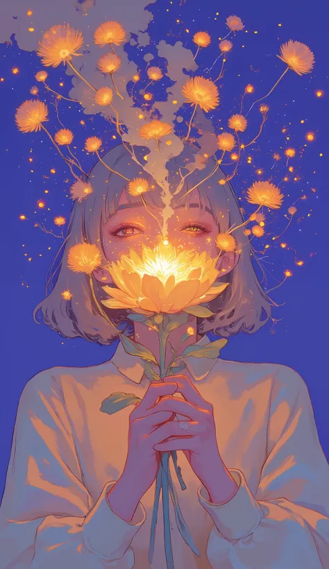 someone holding a flower with 線香 Fireworks in their hands, fairy powder in the air , Shining in the Air, Magic Spark, Magic Particles, Festival , Delicate glowing flowers, 空中に浮遊するMagic Particles, A storm of sparkling dandelion seeds , Fireworkss, Beauti...