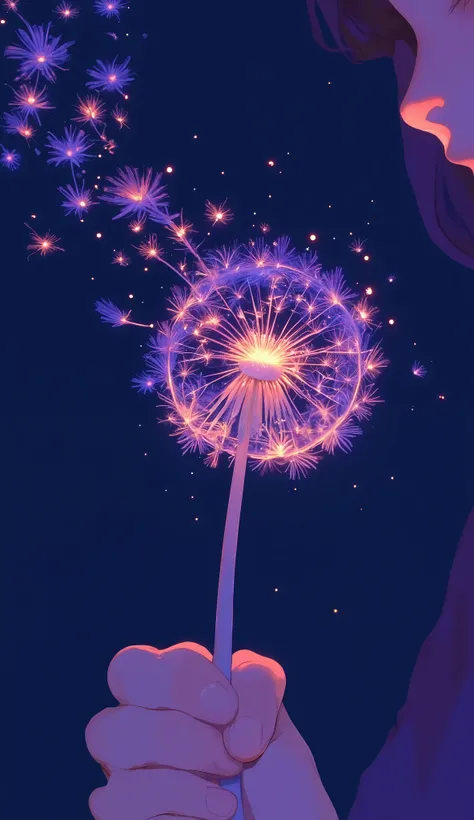 A lone hand holds a dandelion against a dark, nighttime sky, creating a dreamy and whimsical scene. As someone gently blows on the dandelion, the seeds are captured mid-flight, resembling tiny fireworks exploding into the air. The dandelion itself is aglow...