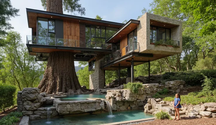 (巨大なtreehouseと豪邸ビルの融合:1.5),(巨木のレッドウッドの上にある巨大treehouse:1.5),(treehouse:1.5),(Modern 3-storey mansion standing on a giant tree:1.5)、There is a luxurious pool、(A waterfall cascades down from natural bedrock:1.5)、A girl is standing、(巨木のレッドウッドの上にある巨大treehouse:1...