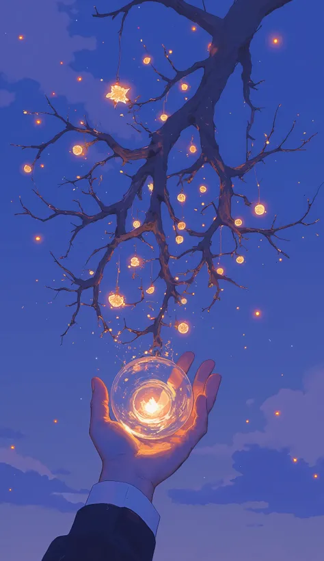 hand, silhouetted against the twilight sky, deftly supporting slender branches adorned with tiny ornaments, leafy twigs. from these twigs、glittering tendrils of light emerge, reminiscent of magical fireflies and twinkling stars darting about. Branches、the ...