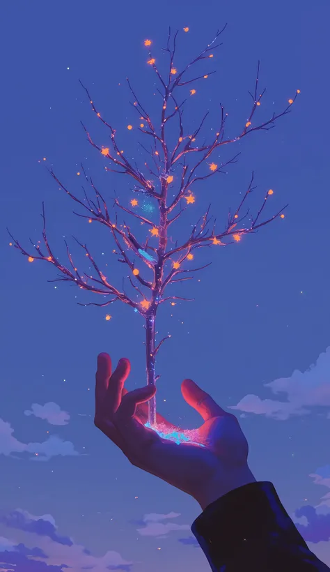 hand, silhouetted against the twilight sky, deftly supporting slender branches adorned with tiny ornaments, leafy twigs. from these twigs、glittering tendrils of light emerge, reminiscent of magical fireflies and twinkling stars darting about. Branches、the ...