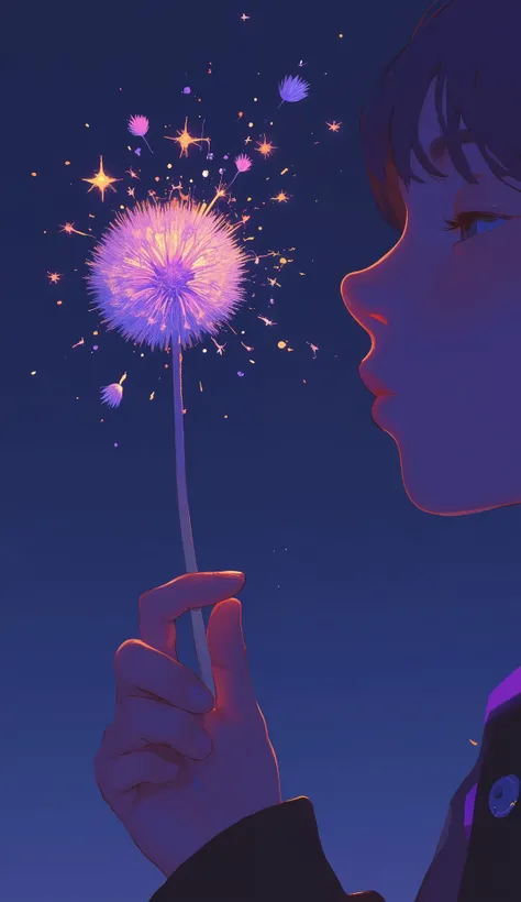 A lone hand holds a dandelion against a dark, nighttime sky, creating a dreamy and whimsical scene. As someone gently blows on the dandelion, the seeds are captured mid-flight, resembling tiny fireworks exploding into the air. The dandelion itself is aglow...