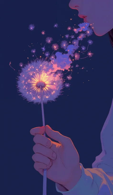 A lone hand holds a dandelion against a dark, nighttime sky, creating a dreamy and whimsical scene. As someone gently blows on the dandelion, the seeds are captured mid-flight, resembling tiny fireworks exploding into the air. The dandelion itself is aglow...