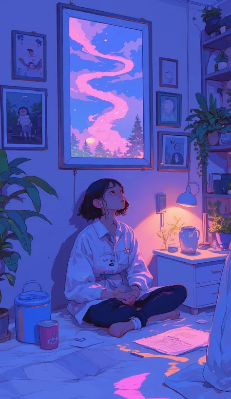 In a dimly lit bedroom, young girl, It is hung with a , sitting cross-legged on the floor, her gaze is drawn to the whimsical pink stream, 彼女の頭から浮かぶ漫画のような doodle. The room is completely immersed in the moment , filled with lush plants, some hanging and s...