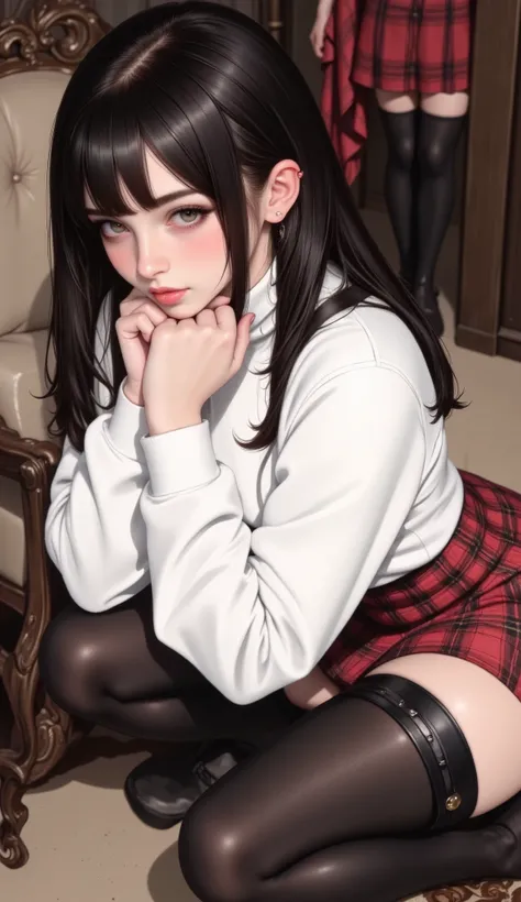 a woman with long hair that falls on her shoulders both hands on her face as if holding it and resting her elbows on her knees,shiny jet black hair,white sweatshirt and a red checked skirt. She wears black leggings under her skirt,sitting on a sofa,detaile...