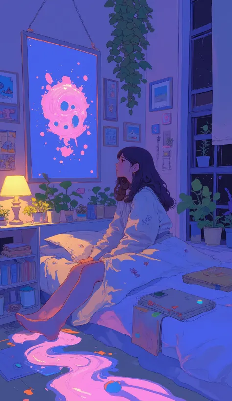 In a dimly lit bedroom, young girl, It is hung with a , sitting cross-legged on the floor, her gaze is drawn to the whimsical pink stream, 彼女の頭から浮かぶ漫画のような doodle. The room is completely immersed in the moment , filled with lush plants, some hanging and s...