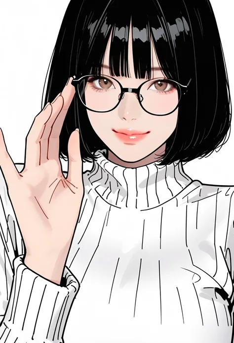 8k, 32K, score_9, score_8_up, score_7_up, score_6_up, score_5_up, score_4_up,masterpiece, best quality, (hyper realistic),(cel shading), (solid color illustration), limited color palette,(vector art style)
limited color palette,vector art style,anime cel shading style,

beautiful Japanese women,Anime girl, short dark hair, bob cut, bangs, brown eyes, wearing glasses, black frames, gentle smile, wearing white ribbed turtleneck sweater, waving hand slightly, looking at viewer, close-up, bust shot, anime illustration style, plain white background,(line art), 1 girl , solo,(Anime girl), (anime illustration style), ,(line art), (cel shading), (solid color illustration), (limited color palette),(vector art style),(flat design), (cel shading), (solid color illustration),