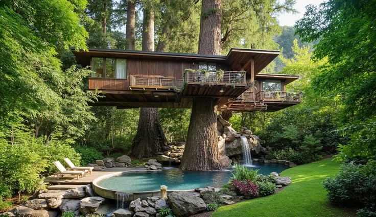 (巨大なtreehouseと豪邸ビルの融合:2.0),(巨木のレッドウッドの上にある巨大treehouse:1.5),(treehouse:1.5),(Modern 3-storey mansion standing on a giant tree:1.5)、There is a luxurious pool、(A waterfall cascades down from natural bedrock:1.5),(巨木のレッドウッドの上にある巨大treehouse:1.5),(A very beautif...