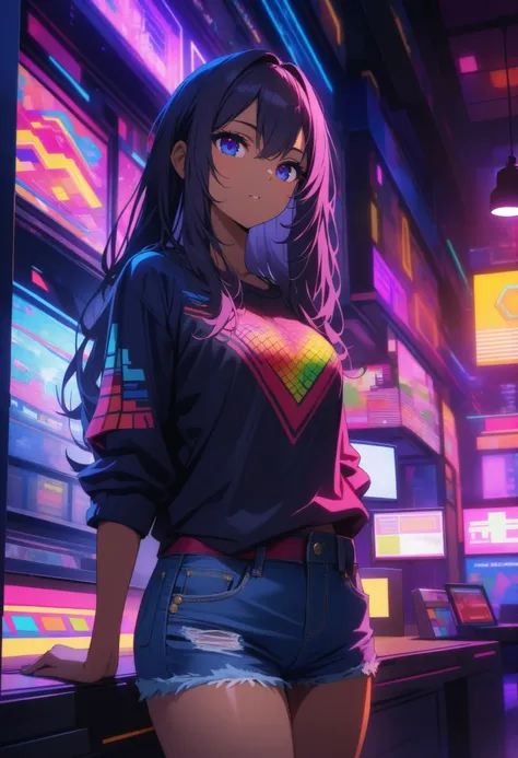 top quality , highest resolution, detailed depiction of the eyes, colorful, dark theme, one female, dark blue color eyes, dark color hair, long hair, light dark skin, denim shorts, provocative, Lizard pattern design, neon city, indoor , room, night, Overl...