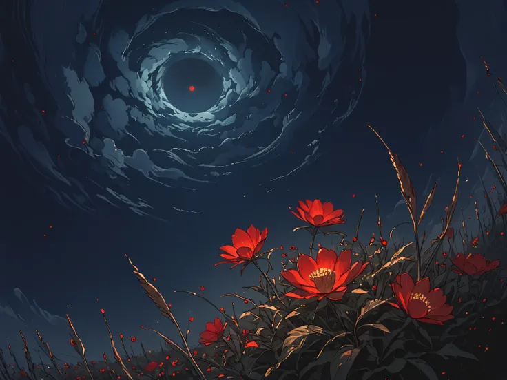 UHD, better quality, masterpiece: 1.4, Ultra-high resolution, extremely detailed, soft light, scenery, (dark sky:1.5), midnight, stars, clouds, red flowers, flower focus, red moon, galaxy, wide angle,