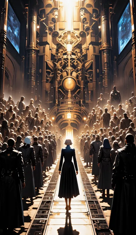 A vast, ornate alien council chamber with dozens of towering delegates from various species watching in stunned silence. At the center, a lone human woman in a sharp diplomatic uniform (Ambassador Jael Monroe) turns her back and walks away from a glowing c...