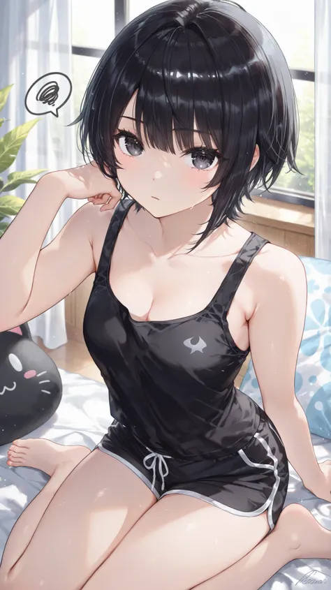 ((Best Quality))、((masterpiece))、((details))、girl wearing a black tank top with visible chest、I'm wearing black shorts、Black Short Hair、black eyes、Barefoot