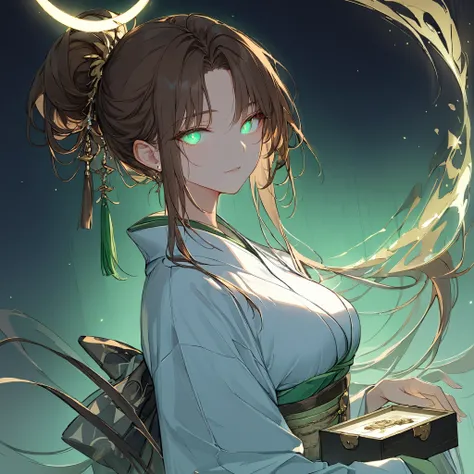 (8K, RAW Photos Box, better quality), (masterpiece: 1.4), (Ultra-high resolution, extremely detailed), soft lighting, ((1girl)), large breasts, dark brown hair, emerald eyes, white kimono, rim light, tied hair, crescent, hair strand, glowing eyes,