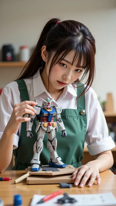 masterpiece、top quality、Detailed Expression、Very realistic、Balanced Composition、Candid Portrait、anatomically accurate hands and fingers、A woman who looks at the plastic kit model of Gundam that she has assembled herself and is delighted、Japanese、dark brown ponytail hair、Double eyelids、Very realisticで自然な肌の質感、Height: 176cm、white shirt、checkered green work aprons、The kit model of Gundam just after finishing stands on a wooden work desk、Gundam has realistic proportions of 10 heads、has nippers, files, and trays containing paint on the worktable、and looks like they were piled up in large quantities in the back of the craft workroom々The i-colored square box、The size of these boxes is about 31cmx20cmx13cm