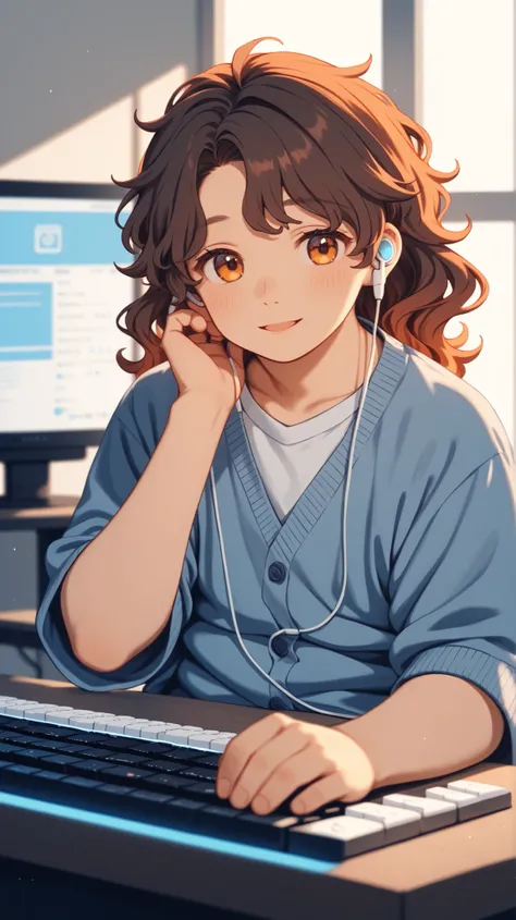 slightly chubby japanese man in early 30s, messy natural wavy hair (dark brown), soft round face with gentle but shy smile, wearing simple light-gray t-shirt and loose navy cardigan, seated at minimalist computer desk, fingers on mechanical keyboard, white...