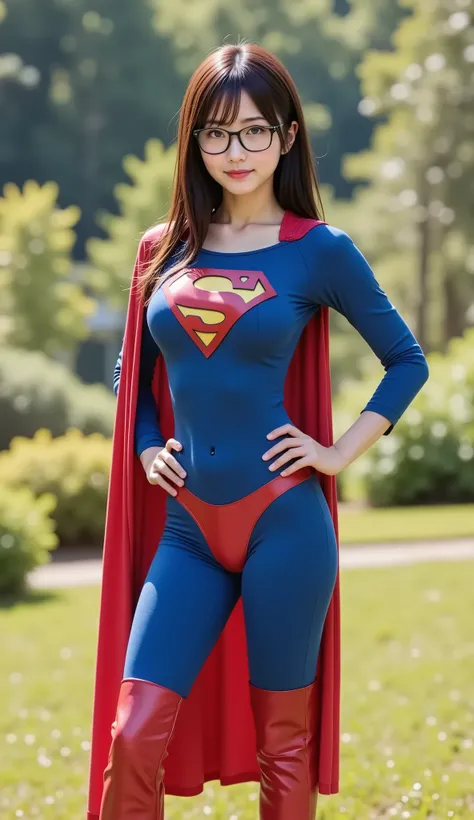 DREAMY BLUE EYES. (Photo-realistic, crystal clear professional photography) — A tall, incredibly sexy japanese babe, THIN AND ATHLETIC, big bulging breast, in her mid-20s stands heroically in a classic cotton spandex fabric dark royal blue Superman suit re...