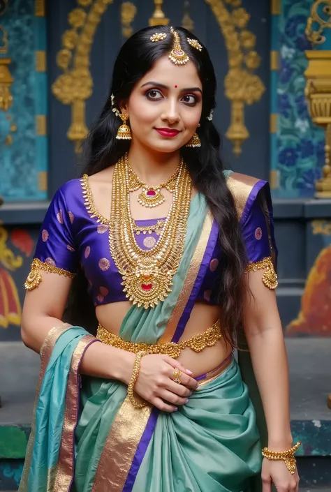 A stunning young Indian woman stands gracefully in a luxurious palace-like interior, dressed in an elegant, traditional outfit. She wears a rich deep blue silk saree adorned with intricate purple circular patterns and a teal green pallu featuring golden fl...