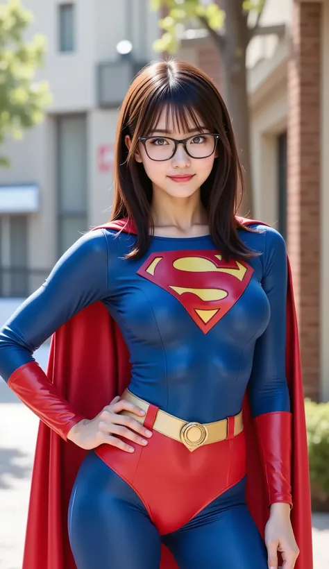 DREAMY BLUE EYES. (Photo-realistic, crystal clear professional photography) — A tall, incredibly sexy japanese babe, THIN AND ATHLETIC, big bulging breast, in her mid-20s stands heroically in a classic cotton spandex fabric dark royal blue Superman suit re...