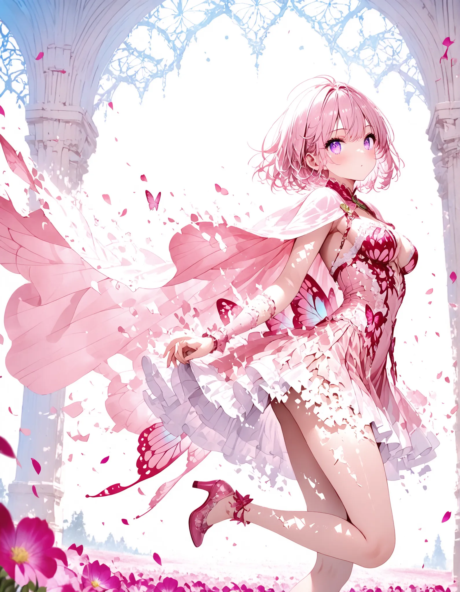 1 girl, violet eyes, light pink hair, short hair, cool, beautiful, medium breast, very cute, lovely, kawaii, 
Wearing a very long cape, Cape with long sash, cape pink and red, cape blows backwards and dissolves into petals, focus on the cape, side view, ru...