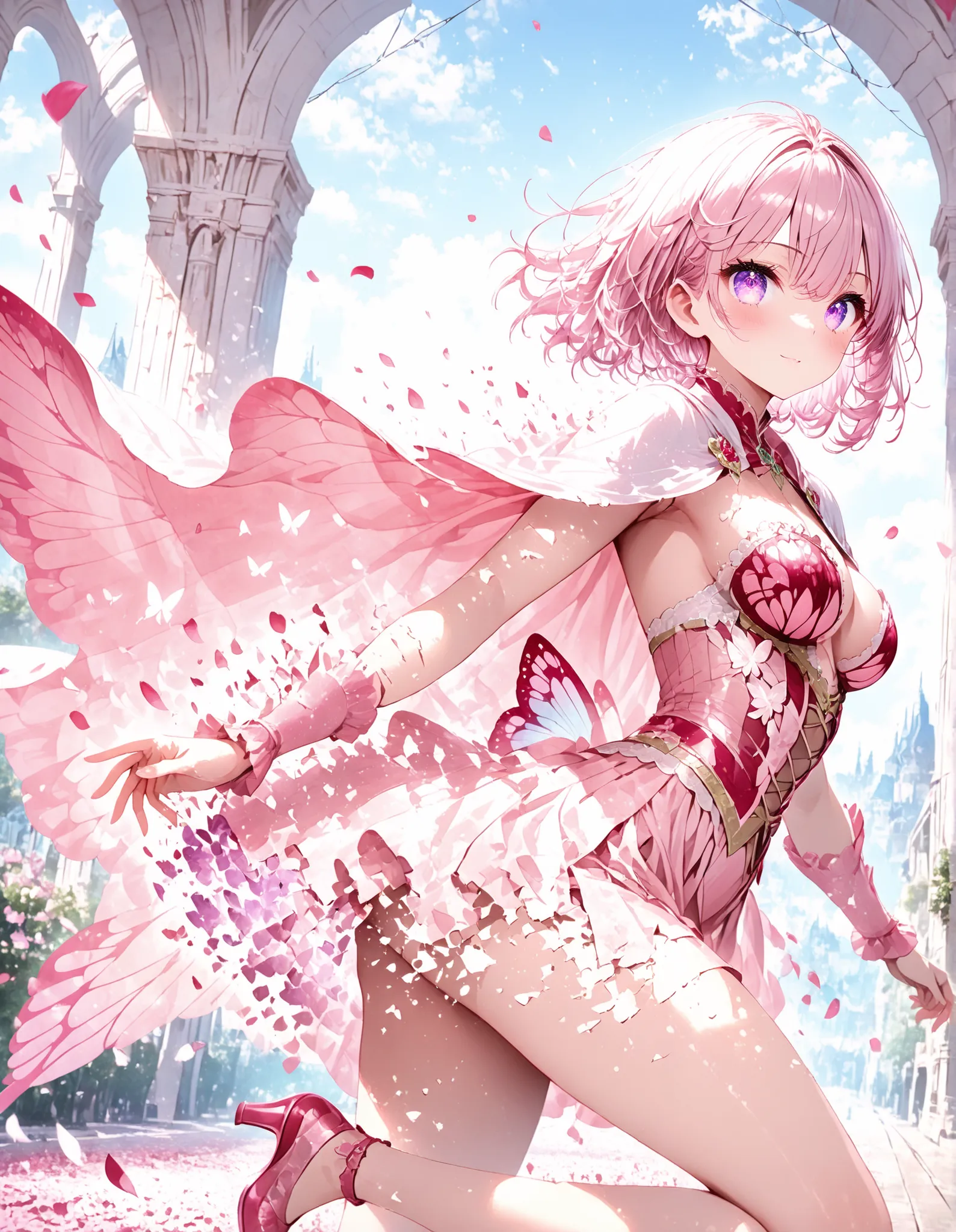 1 girl, violet eyes, light pink hair, short hair, cool, beautiful, medium breast, very cute, lovely, kawaii, 
Wearing a very long cape, Cape with long sash, cape pink and red, cape blows backwards and dissolves into petals, focus on the cape, side view, ru...