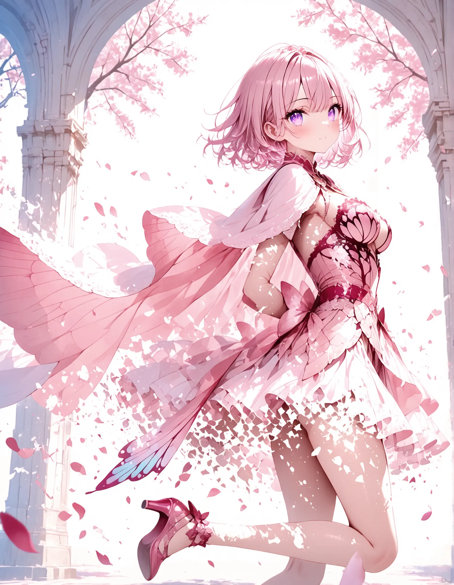 1 girl, violet eyes, light pink hair, short hair, cool, beautiful, medium breast, very cute, lovely, kawaii, 
Wearing a very long cape, Cape with long sash, cape pink and red, cape blows backwards and dissolves into petals, focus on the cape, side view, ru...