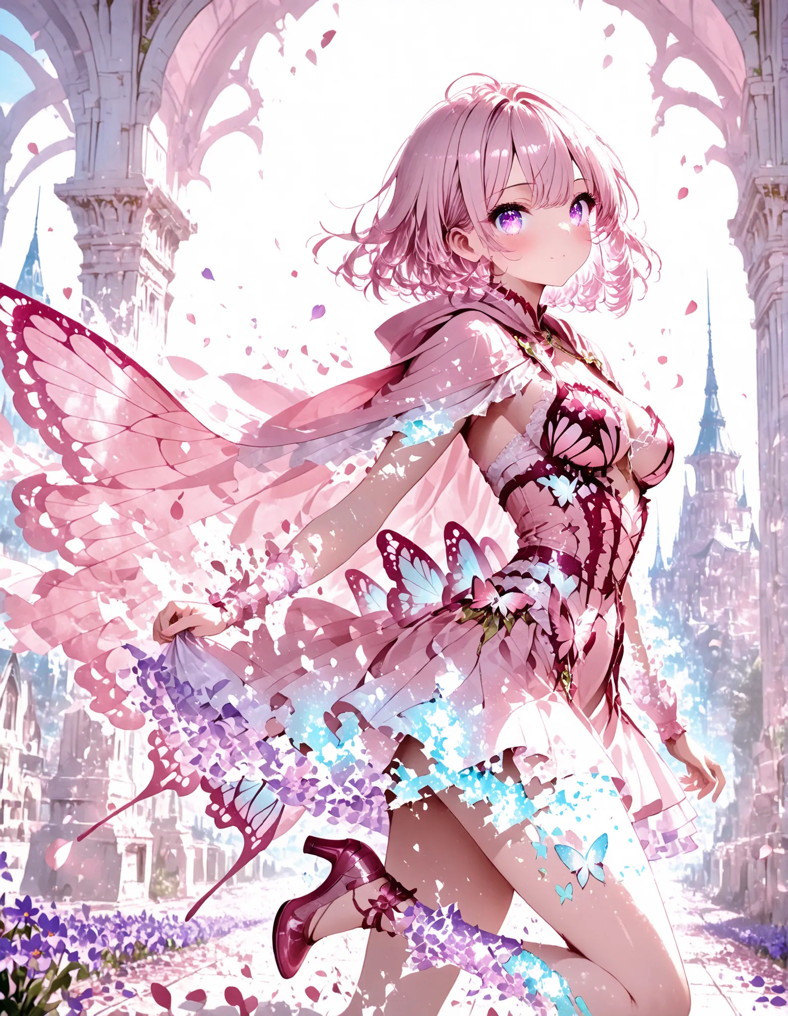 1 girl, violet eyes, light pink hair, short hair, cool, beautiful, medium breast, very cute, lovely, kawaii, 
Wearing a very long cape, Cape with long sash, cape pink and red, cape blows backwards and dissolves into petals, focus on the cape, side view, ru...