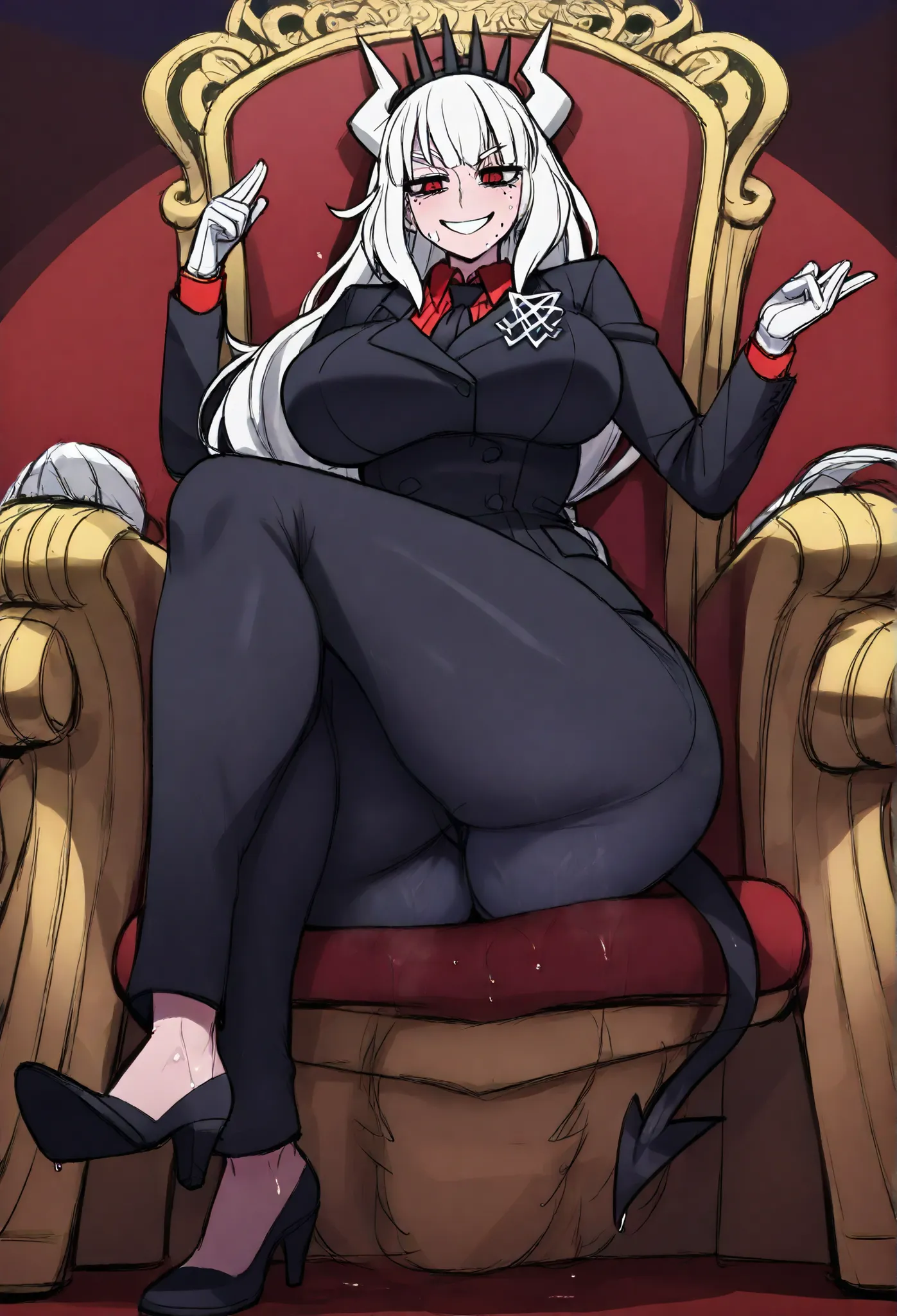 Lucifer (Helltaker), a short, pale demon girl with red irises, a black arrow-tipped tail, and silvery-white hair. She wears her long hair tied at the ends, with bangs held in place by a spiked black tiara. Her horns are white and jagged, indicating her adv...