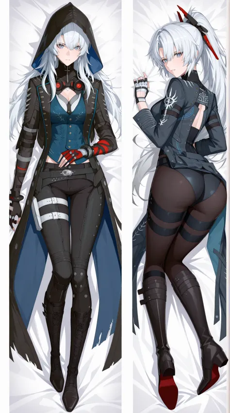 (pretty girl:1.3), 1 girl, (long hair, white hair with a red gradient, bangs, eye hair), lucia (punishing: gray raven), 
( Clothes: vergil Devil may cry 5, black raincoat with pale blue embroidery, yellow lining, tattered edges of the raincoat, black pants...