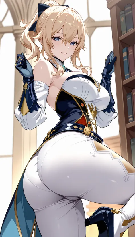 library, huge ass, Score_9, score_8_up, score_7_up, score_6_up, source_anime, rating:general, 1girl, beautiful woman, mature, beautiful body, curvy, white skin, looking at viewer, showing the ass, excited, seductive look, seductive smile, sexy pose, slut, ...
