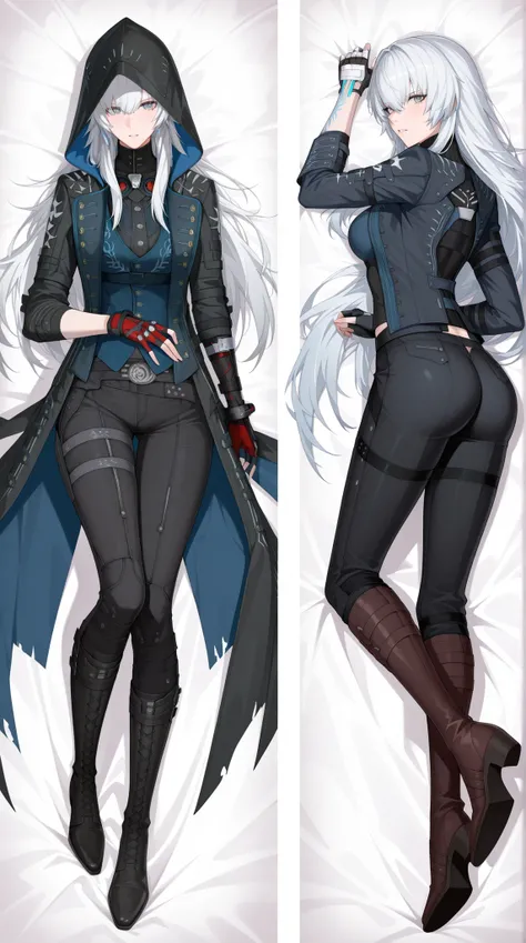 (pretty girl:1.3), 1 girl, (long hair, white hair with a red gradient, bangs, eye hair), lucia (punishing: gray raven), 
( Clothes: vergil Devil may cry 5, black raincoat with pale blue embroidery, yellow lining, tattered edges of the raincoat, black pants...