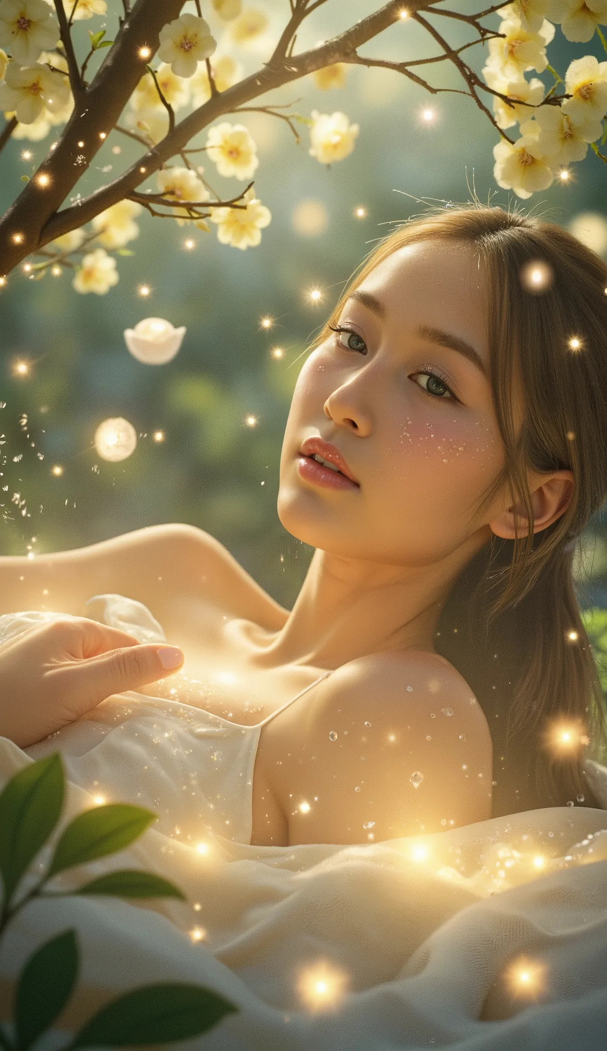 (masterpiece),(best quality),(ultra-detailed),(illustration),1girl,stars in the eyes,pure girl,(full body:0.5),There are many scattered luminous petals,Hidden in the light yellow flowers,Depth of field,Many flying drops of water,Many scattered leaves,branc...