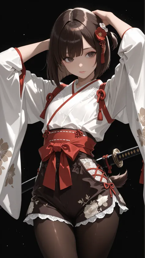 Shelley Gee , (masterpiece , top quality , High Definition: 1 . 2) , girls , Alone , dark brown eyes , frills、lace fabric、dark haired、pantyhose、Women's Funny Faces、sleeves are bordered with lace 、Slightly Short Bob、 １35 cm 、Elementary school student、cute f...