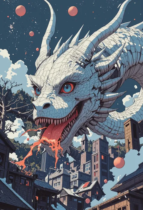  mask a Japanese dragon , full body,  of white scales , with crystals coming out of his body, Flying Above a City, at night, with starry sky, And the city light has neon colors*