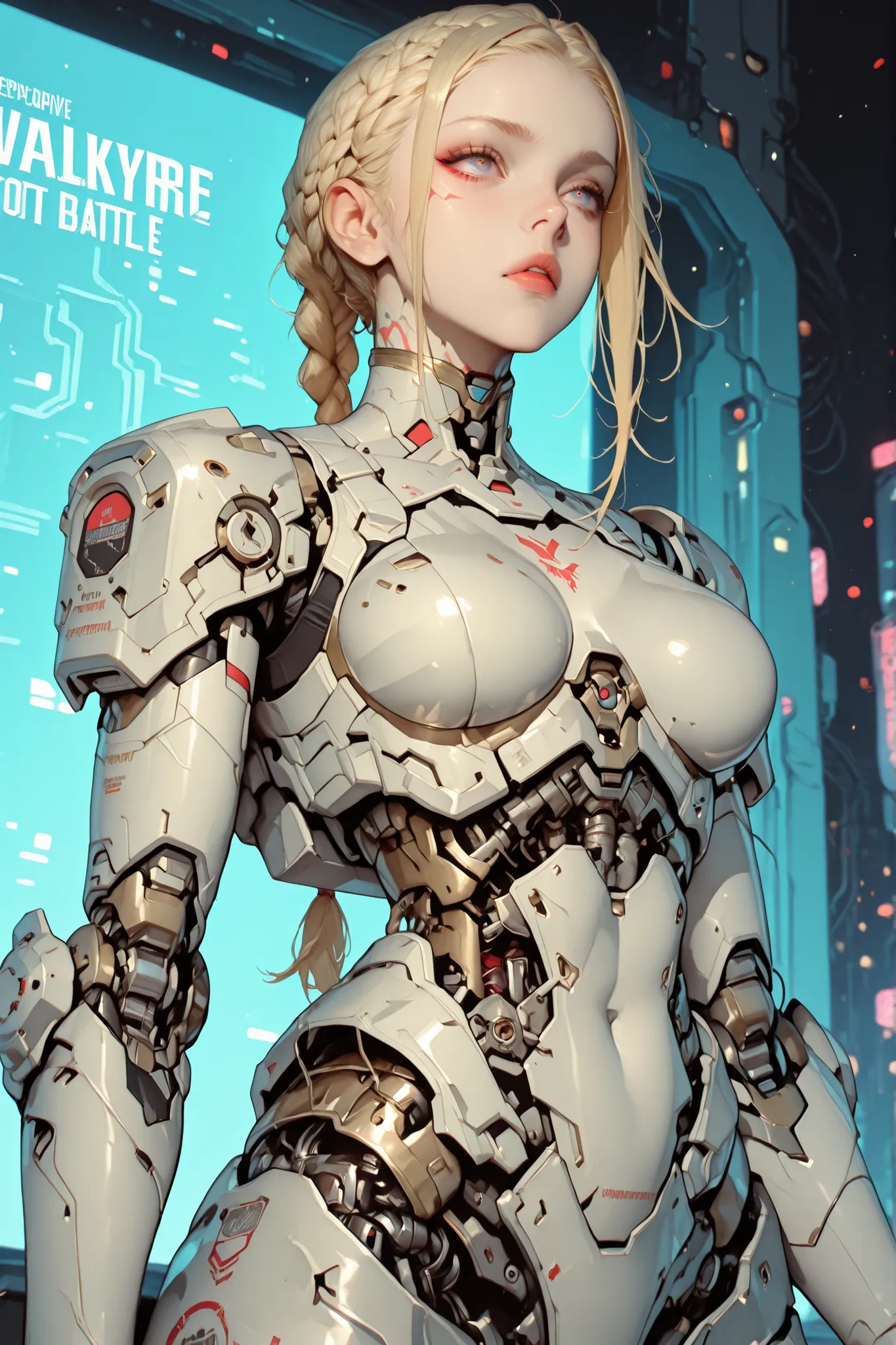 beautiful hot valkyrie with 1 long blonde hair (braided) in hyperrealist & hyperdetalied cyberpunk combat armor battle, mechanical parts