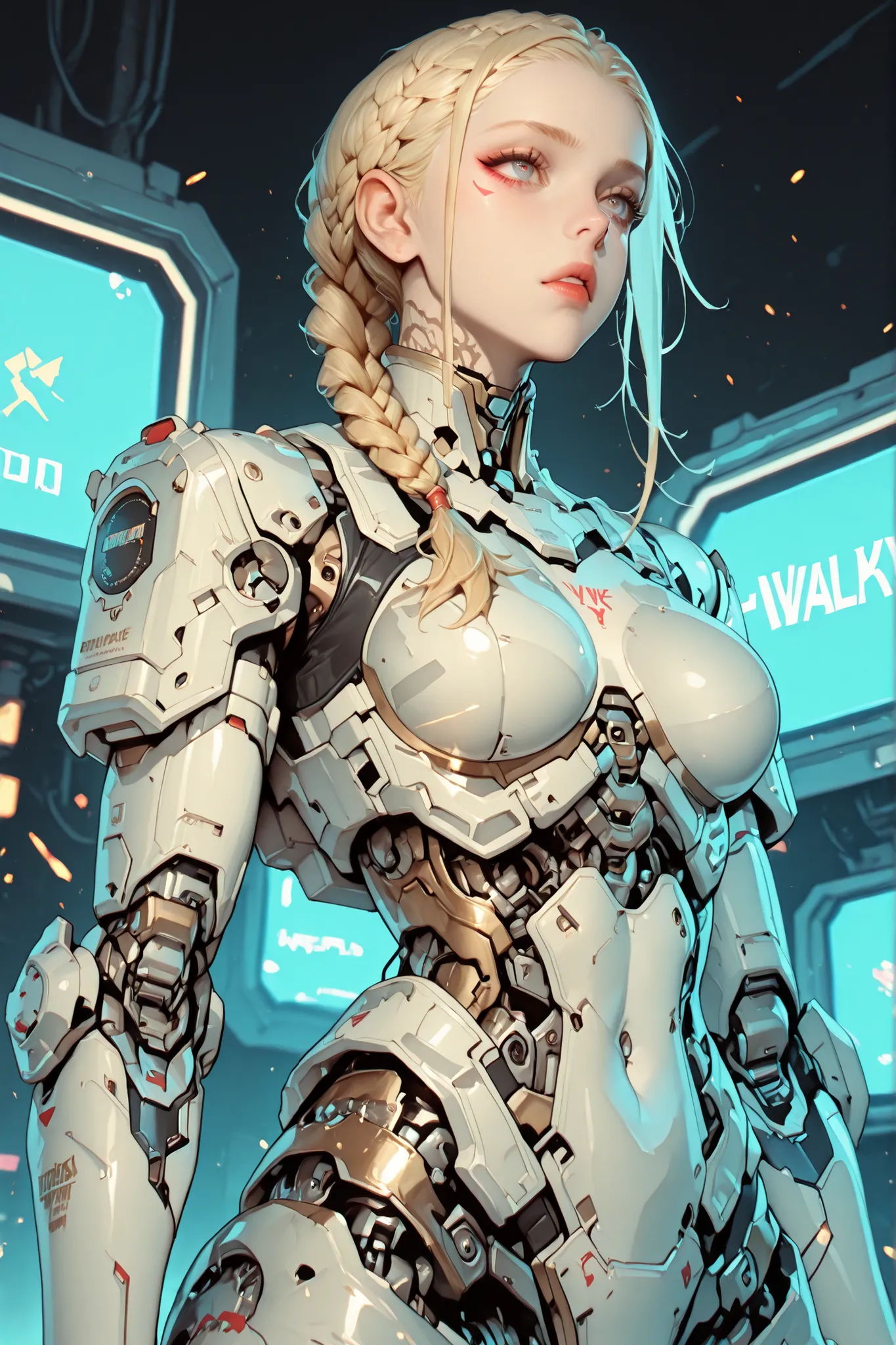 beautiful hot valkyrie with 1 long blonde hair (braided) in hyperrealist & hyperdetalied cyberpunk combat armor battle, mechanical parts